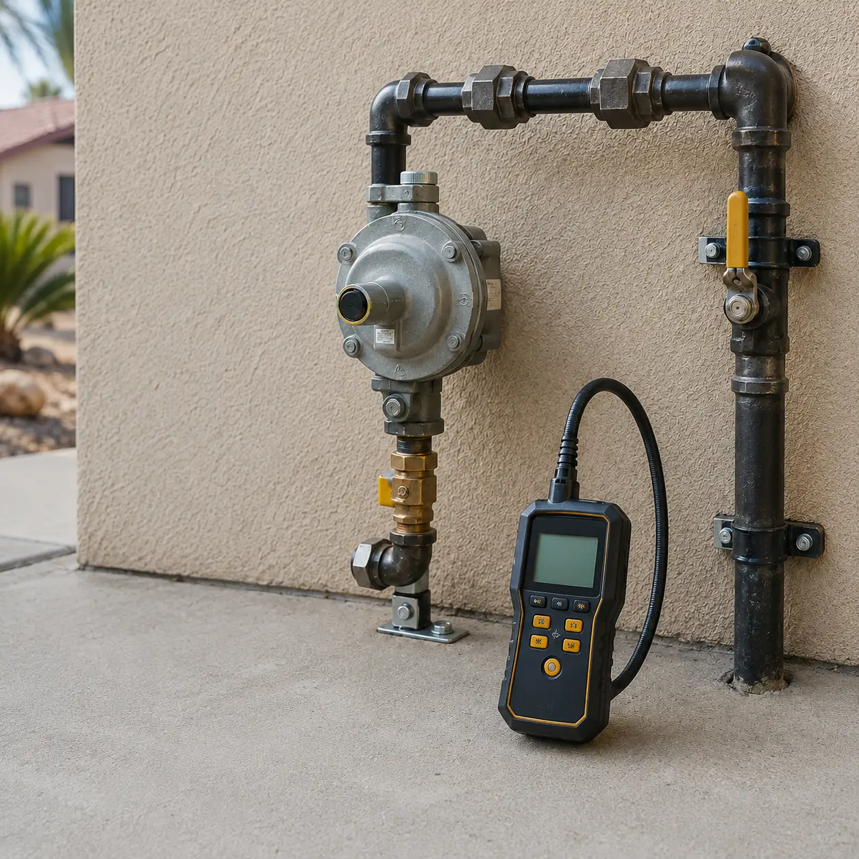 Black iron gas piping and regulator with a leak detector