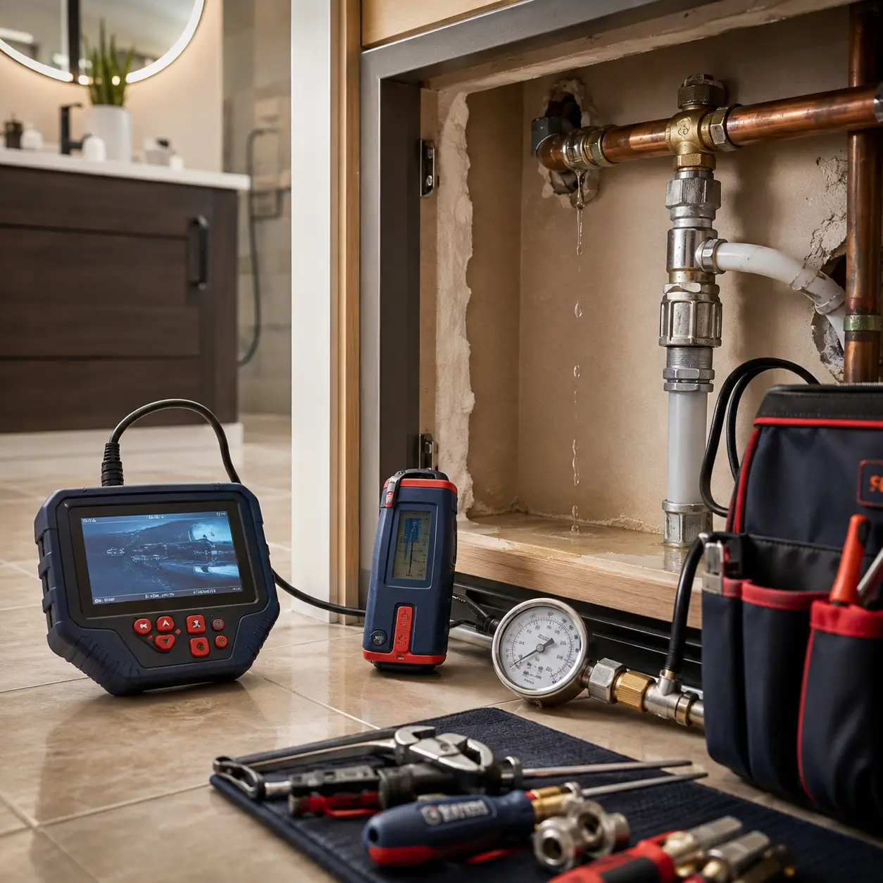 Moisture meter and gauge below a leaking pipe joint