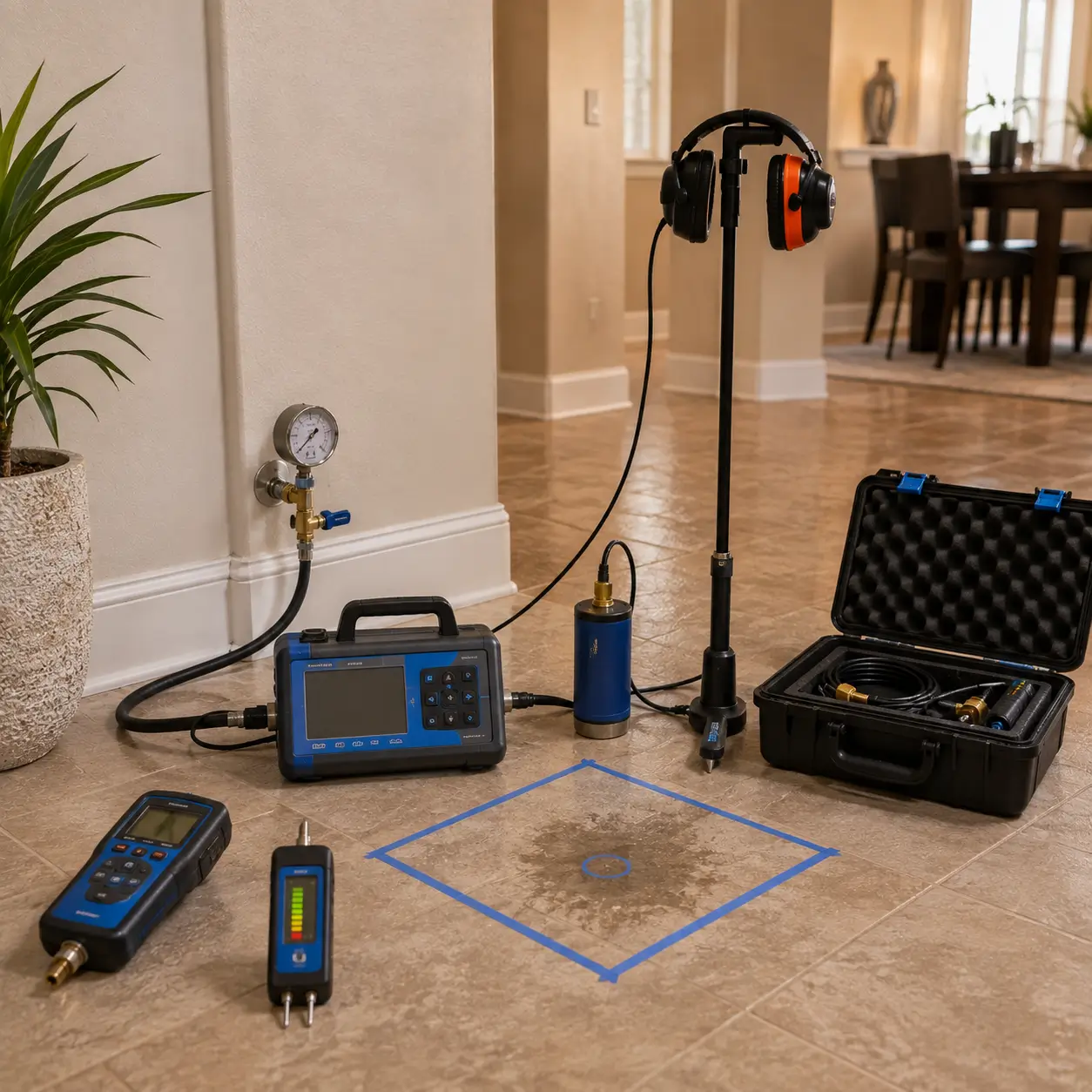 Damp floor patch taped off beside acoustic locating equipment