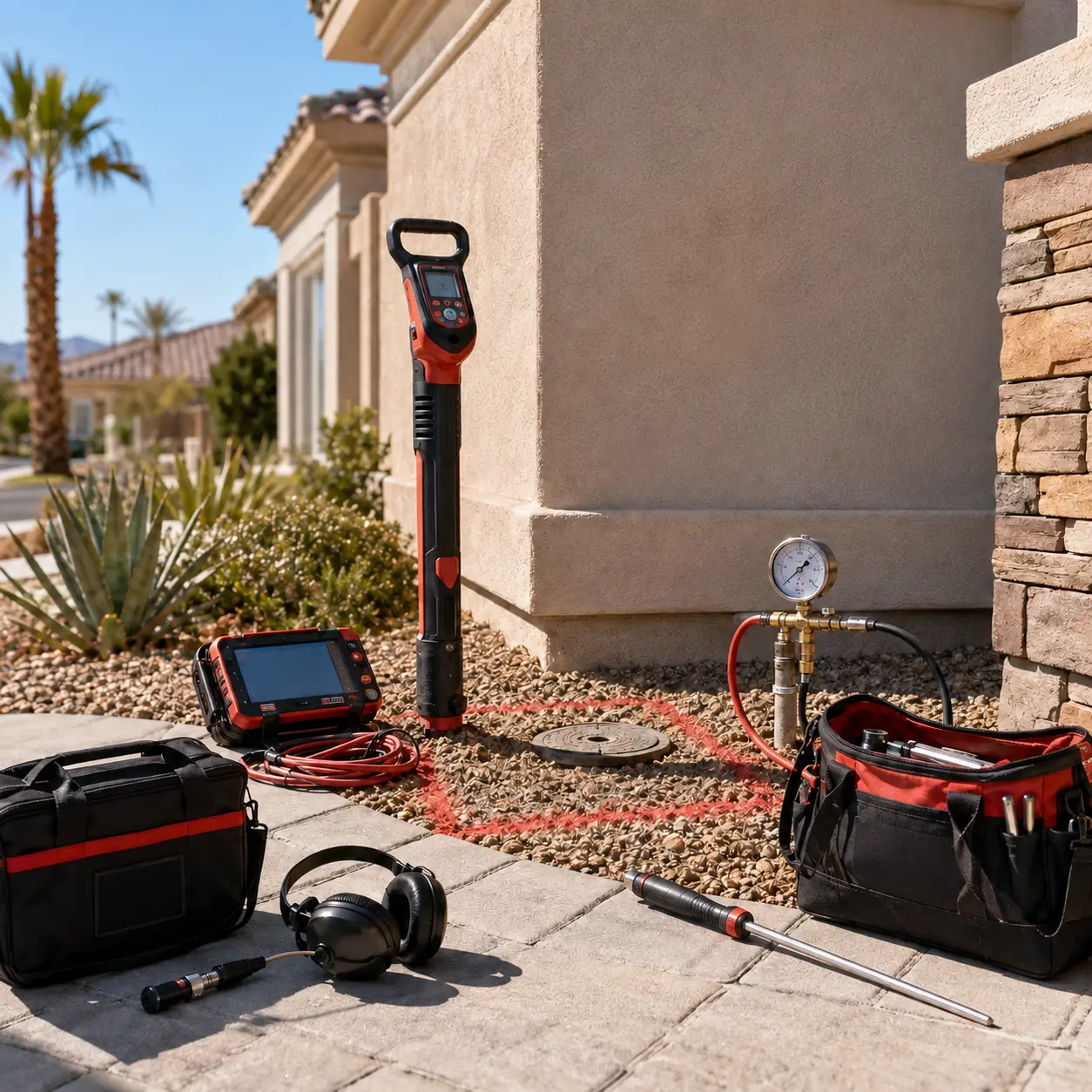 Pipe locator and paint markings over a buried line outdoors