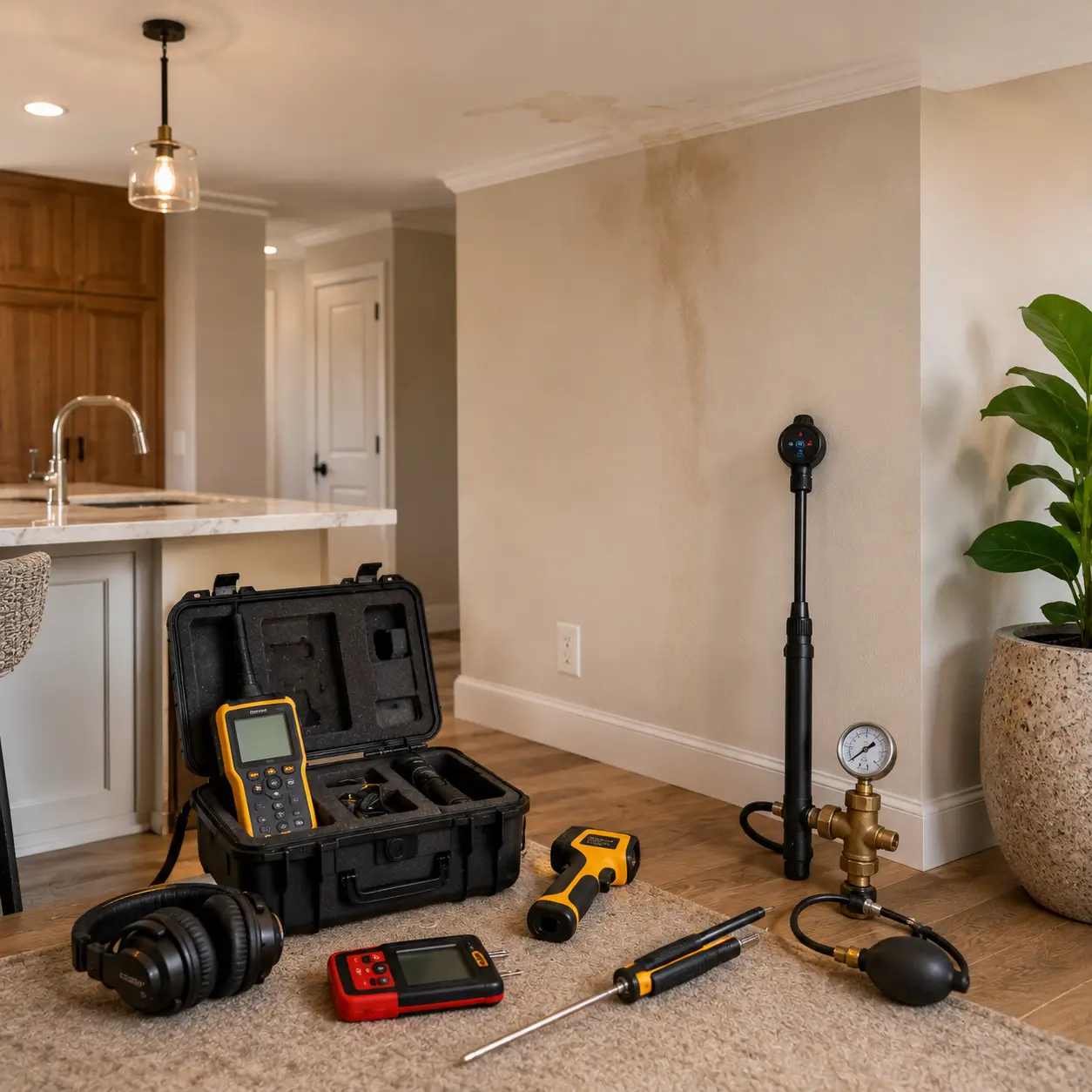 Moisture meters and thermal gun below a stained wall