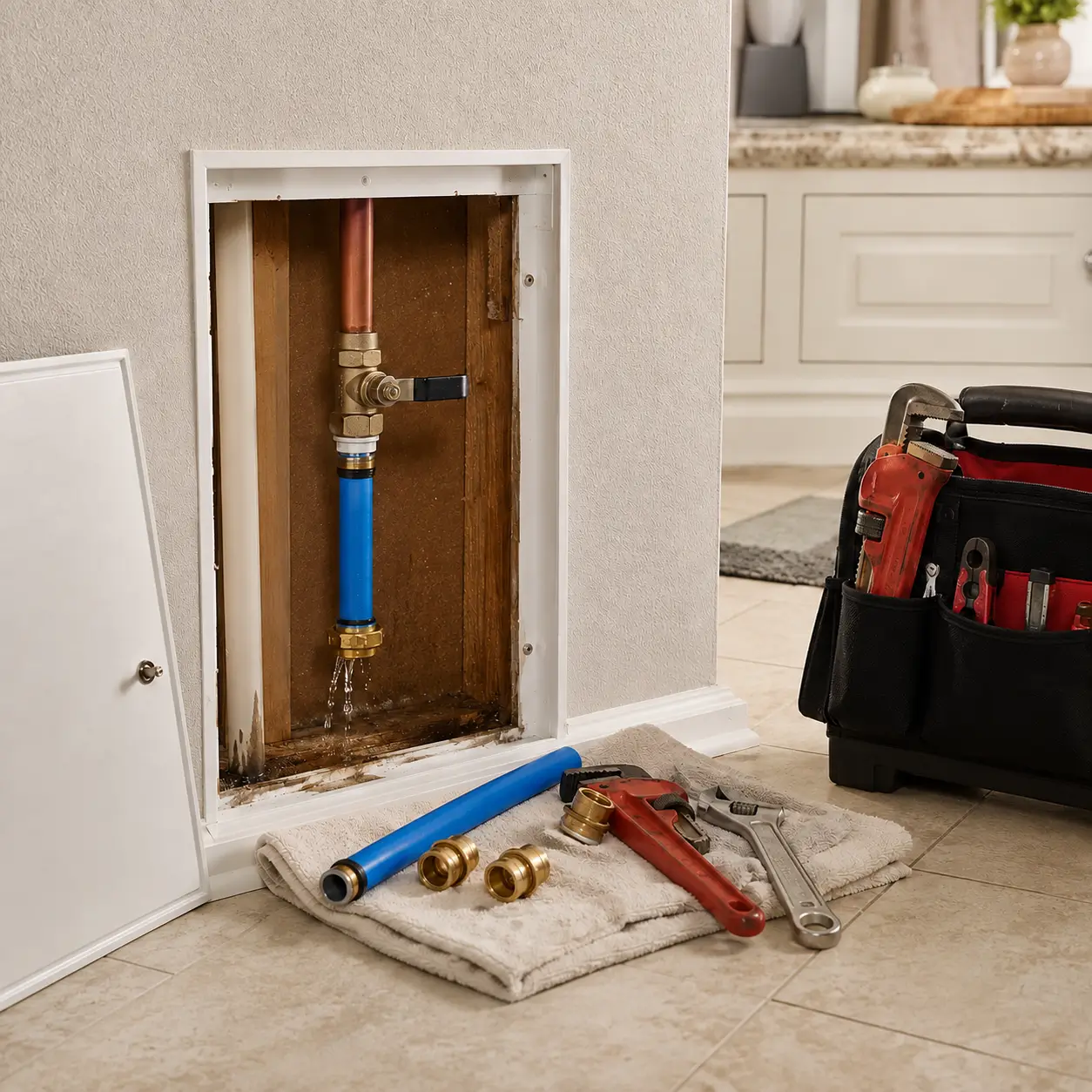 Dripping fitting inside an open wall access panel
