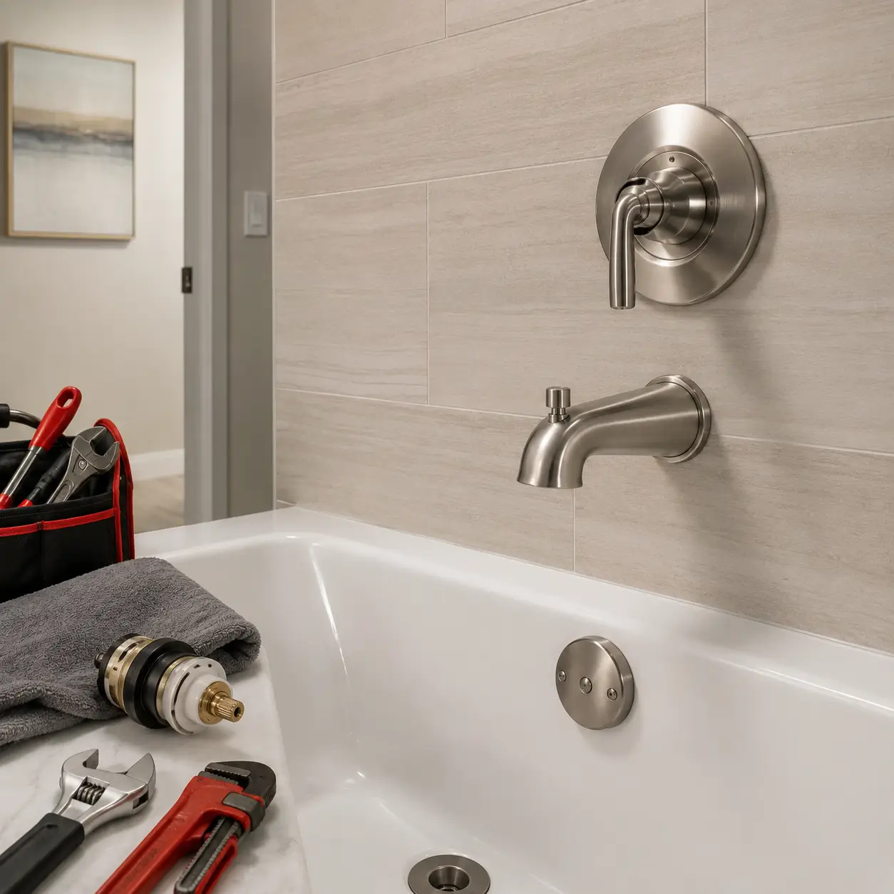 Tub spout and single-handle trim with a cartridge on the deck