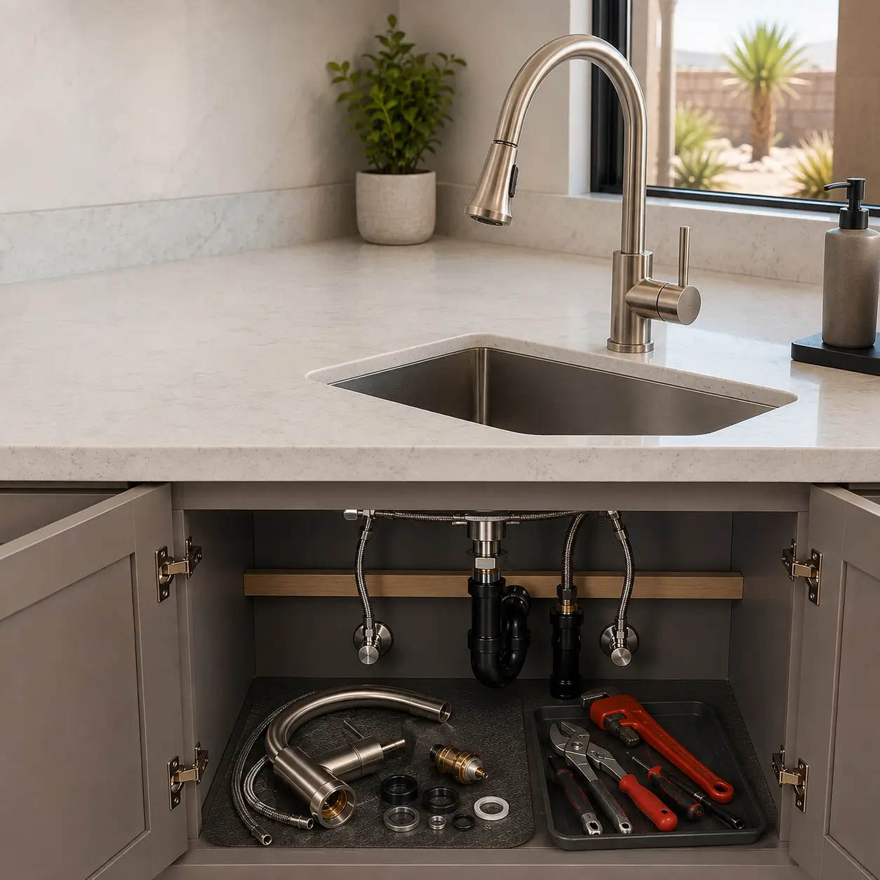 Brushed nickel faucet lifted out with seals on a cabinet mat