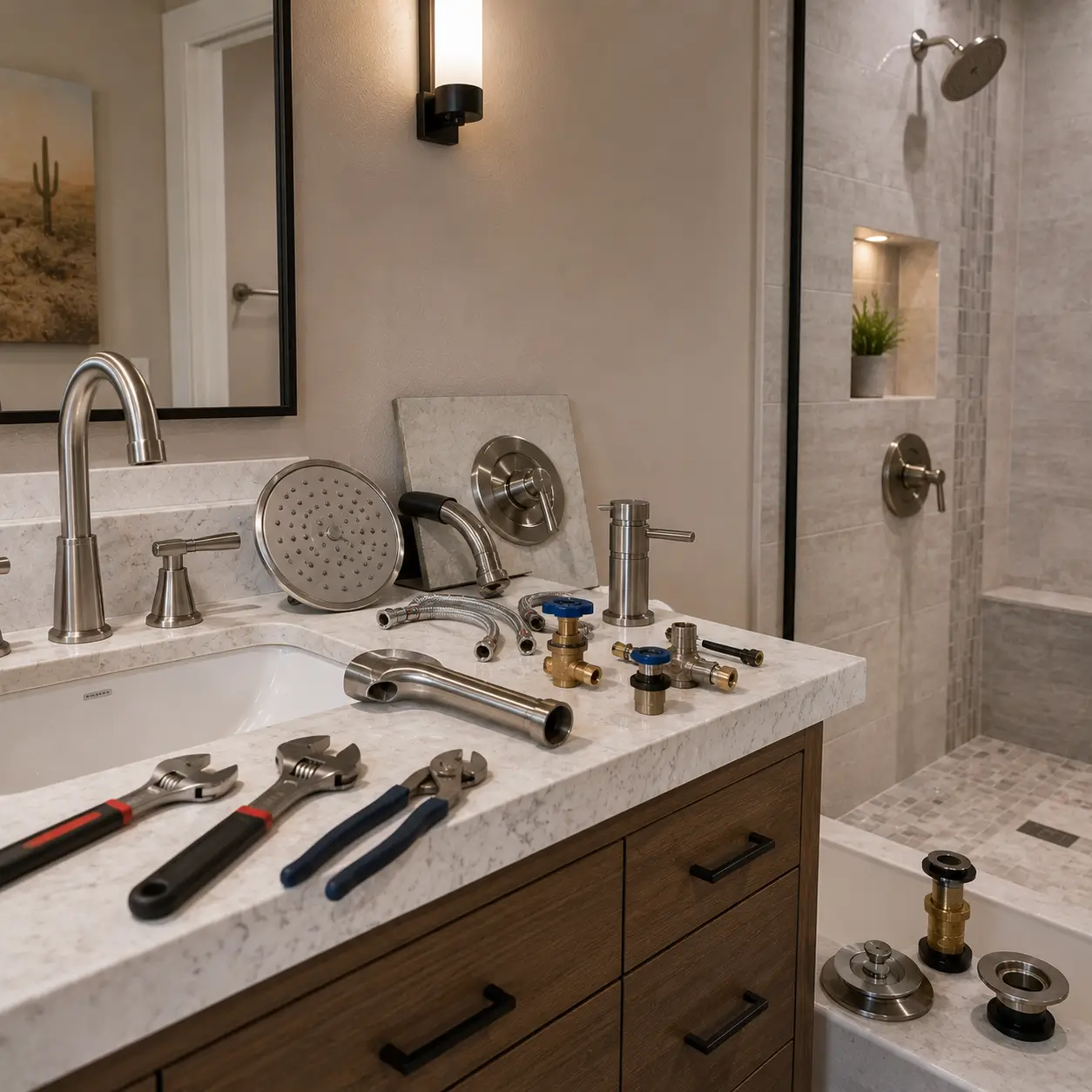 New showerhead, trim and stop valves staged on a vanity top