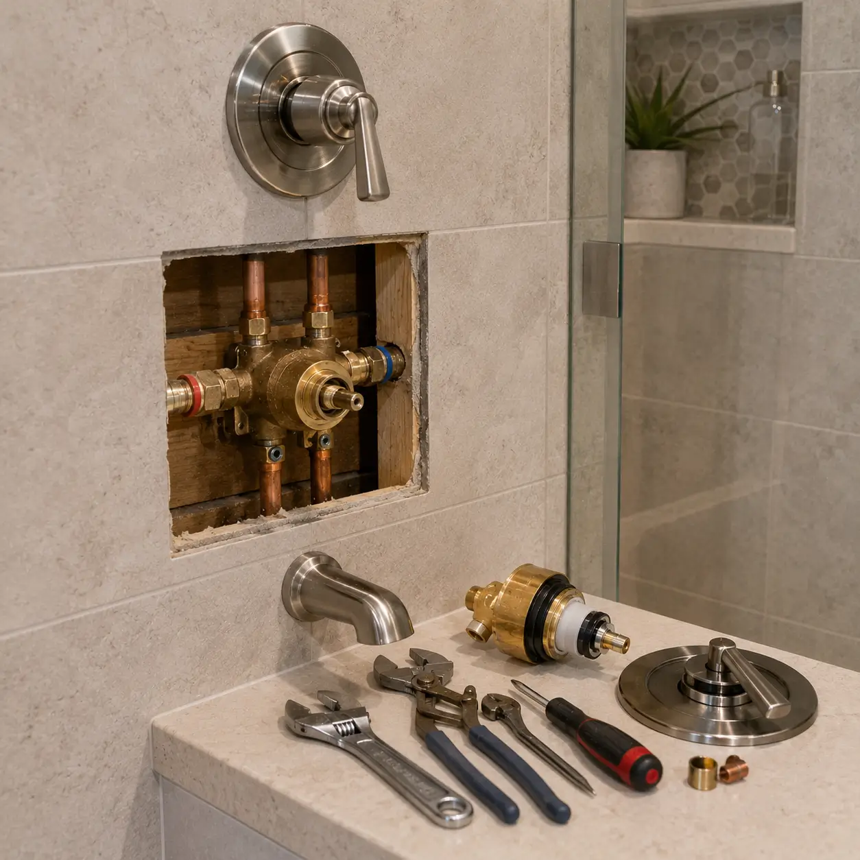 Open tile wall exposing a brass shower valve and copper stubs