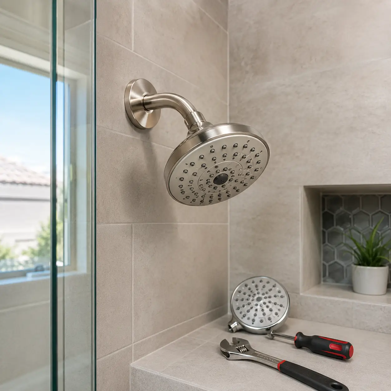 Newly mounted showerhead with the old one on the shower bench