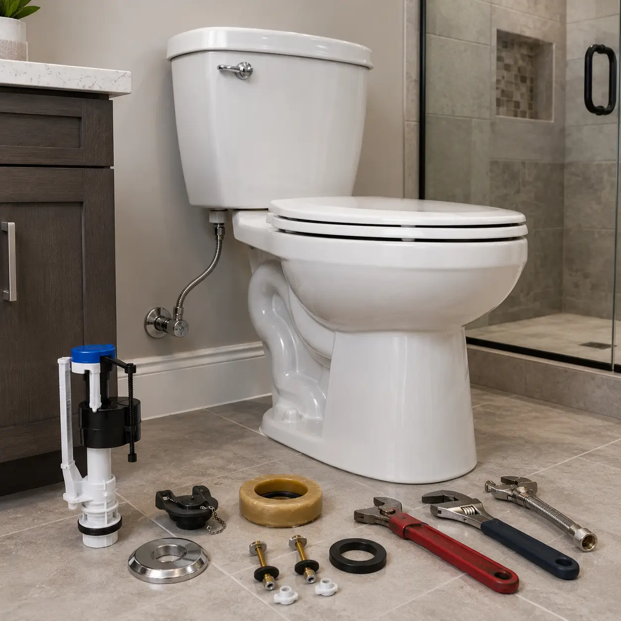 Toilet beside a wax ring, fill valve and closet bolts