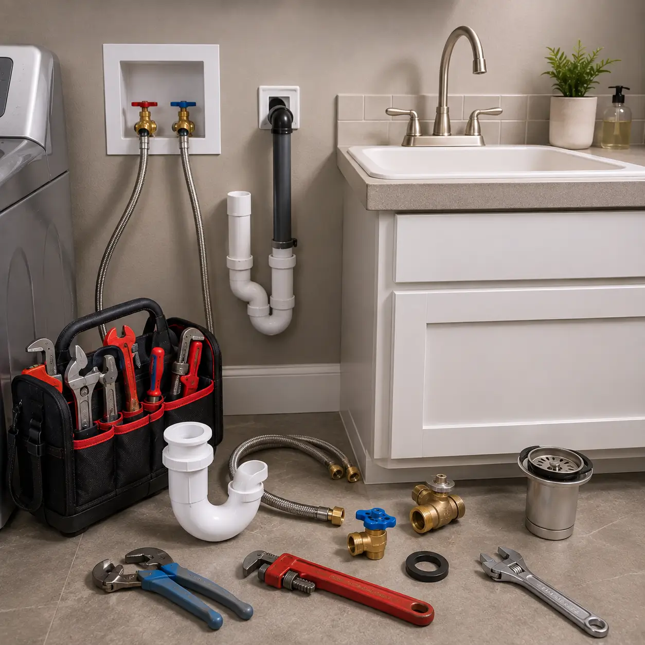 Laundry sink and washer box with a trap and valves