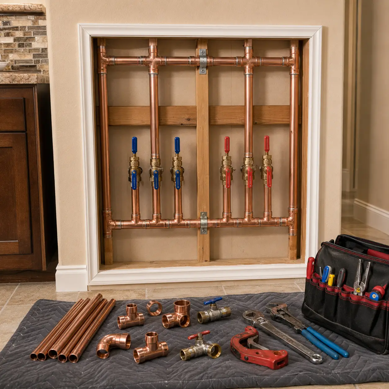 Copper manifold with six ball valves in a framed opening