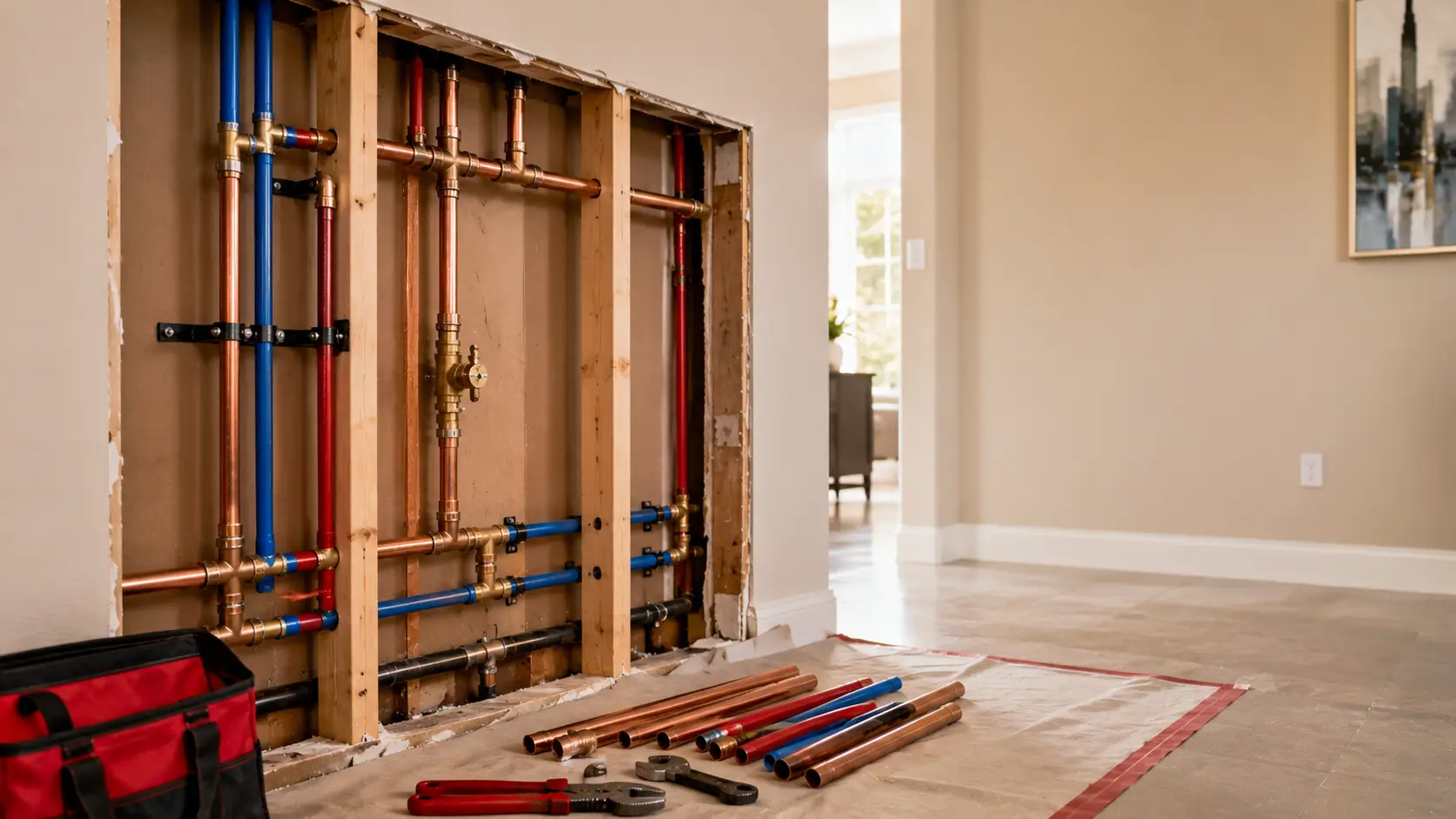 New copper and PEX risers in an opened hallway wall
