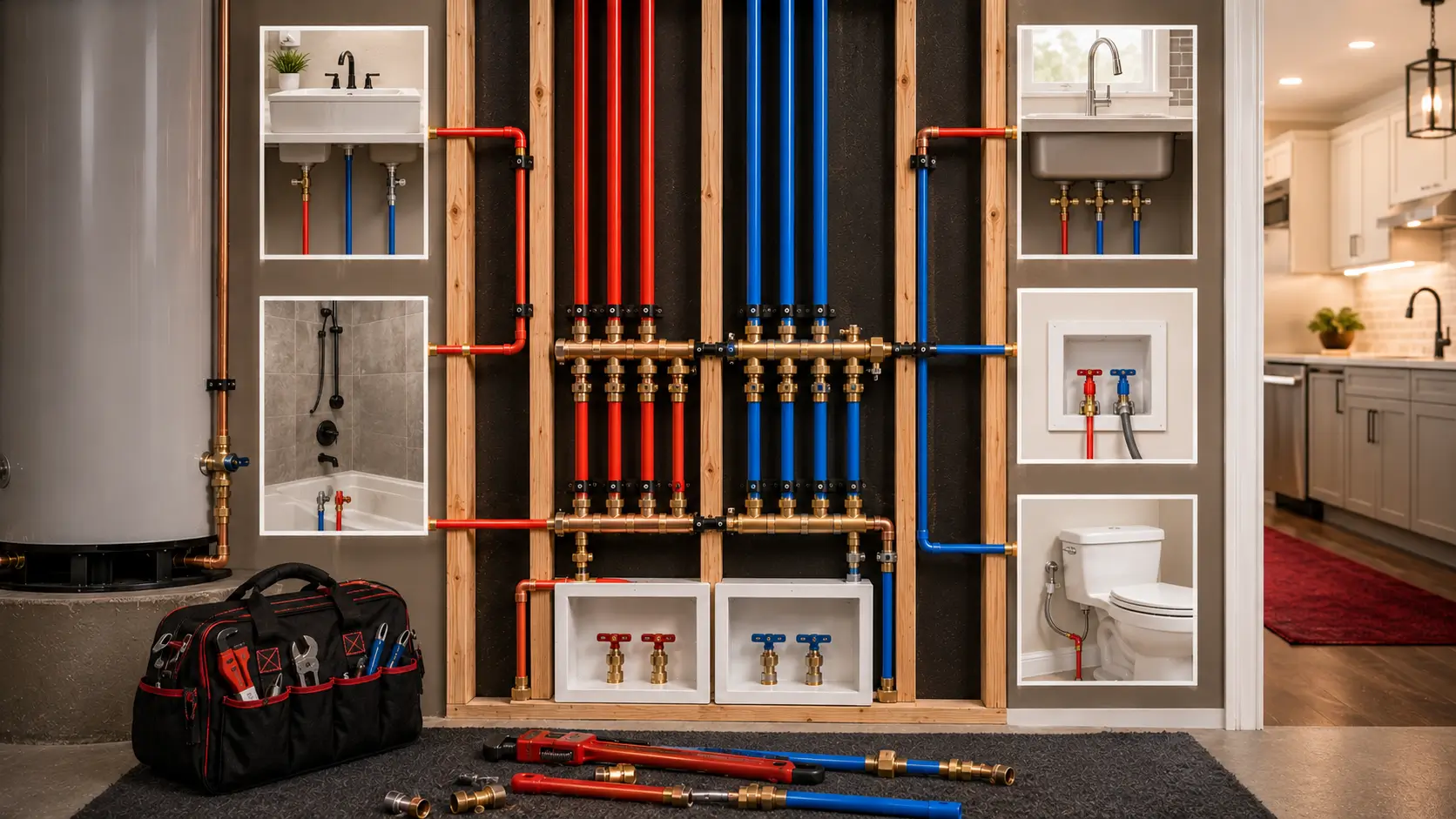 Manifold wall with inset views of connected fixtures