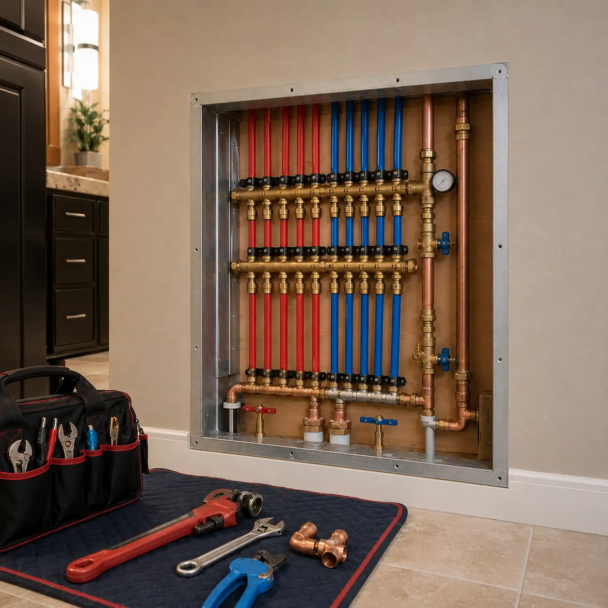Access panel opened on a dense bank of PEX risers