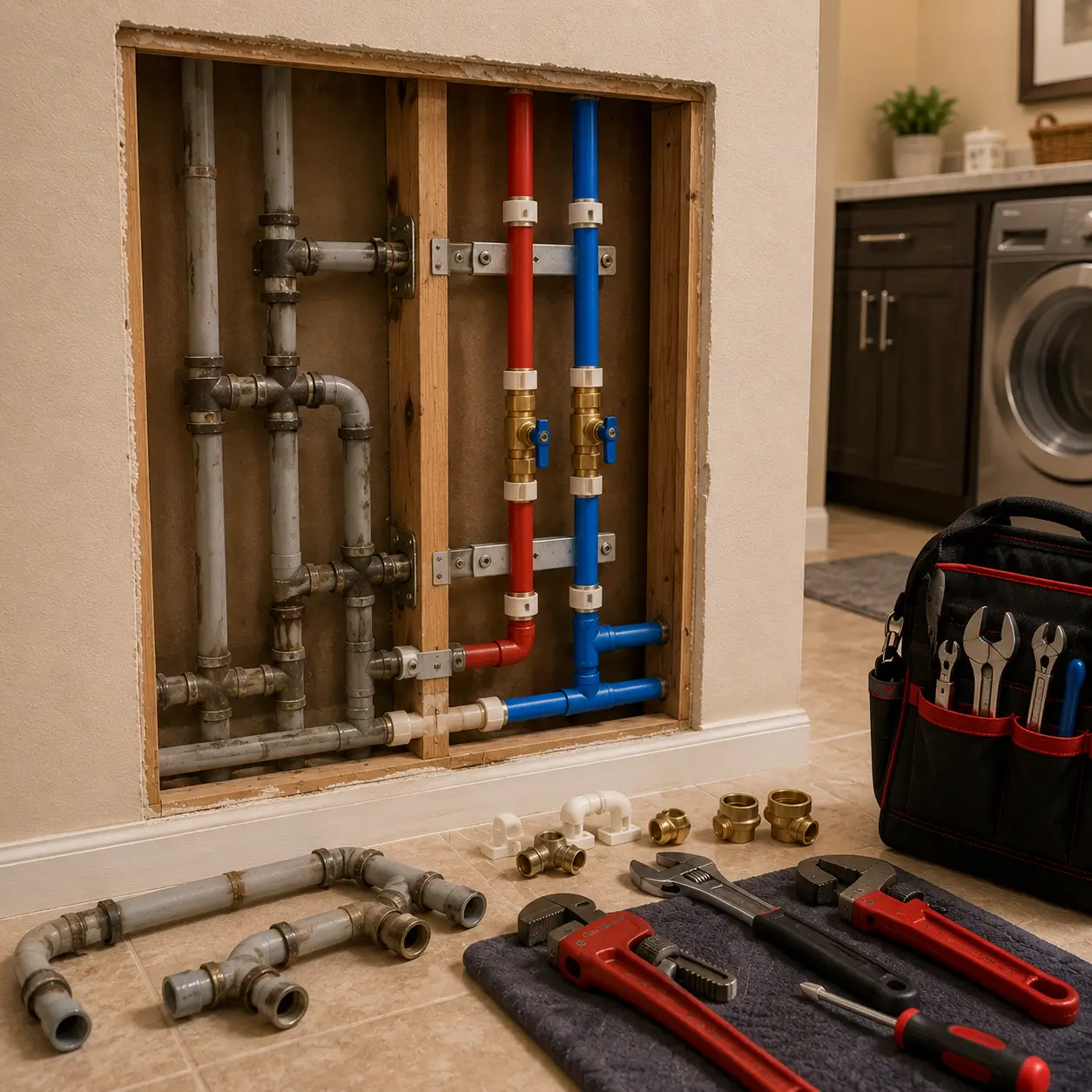 Gray poly pipe and crimp fittings cut out of a wall