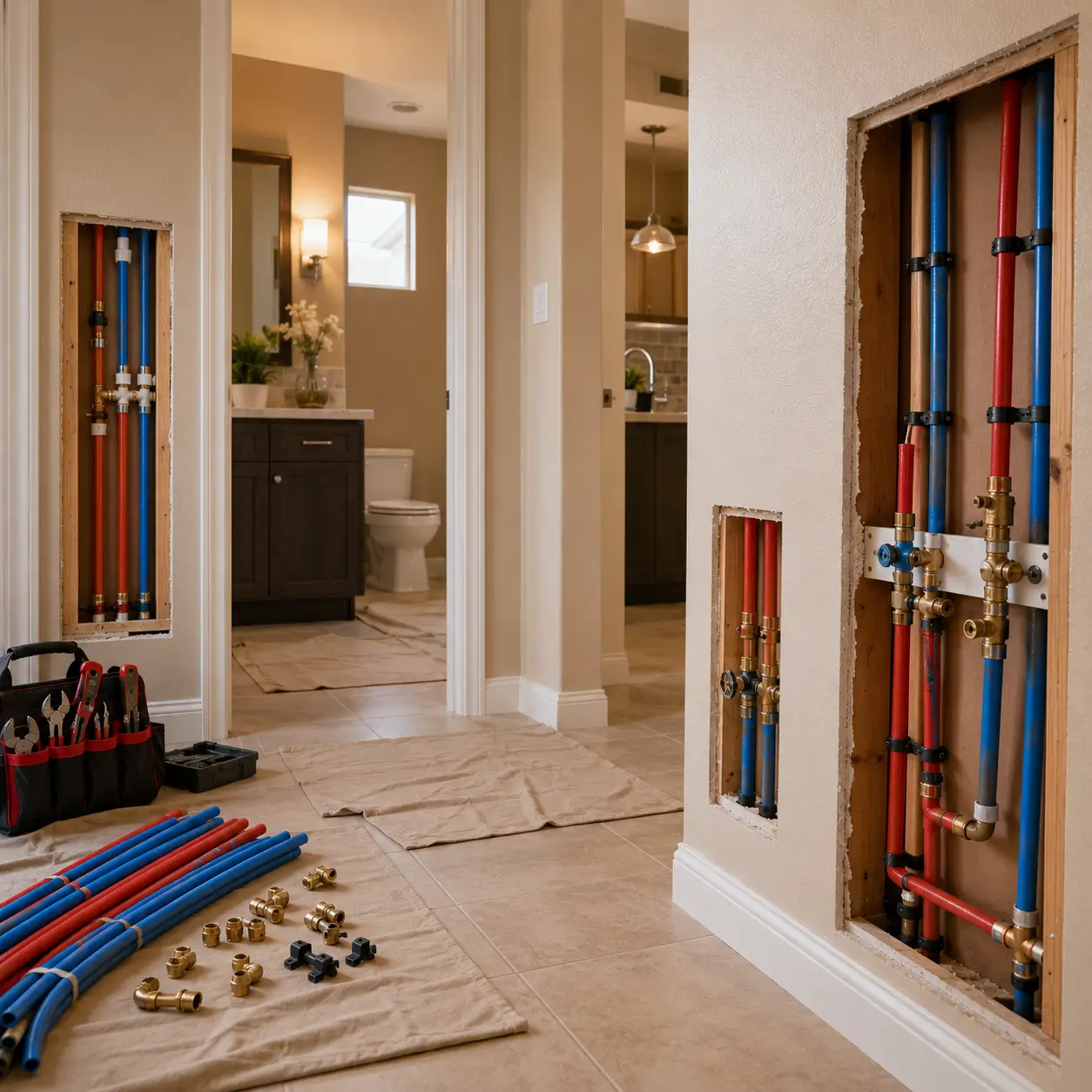 Several wall openings down a hallway with drop cloths