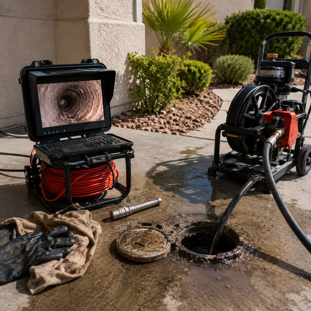Water surging from a cleanout beside a running hydro jetter