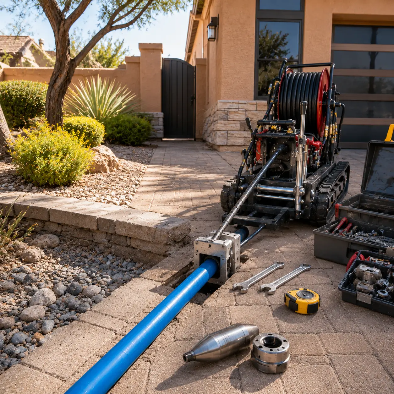 Hydraulic bursting rig pulling new pipe from a driveway pit