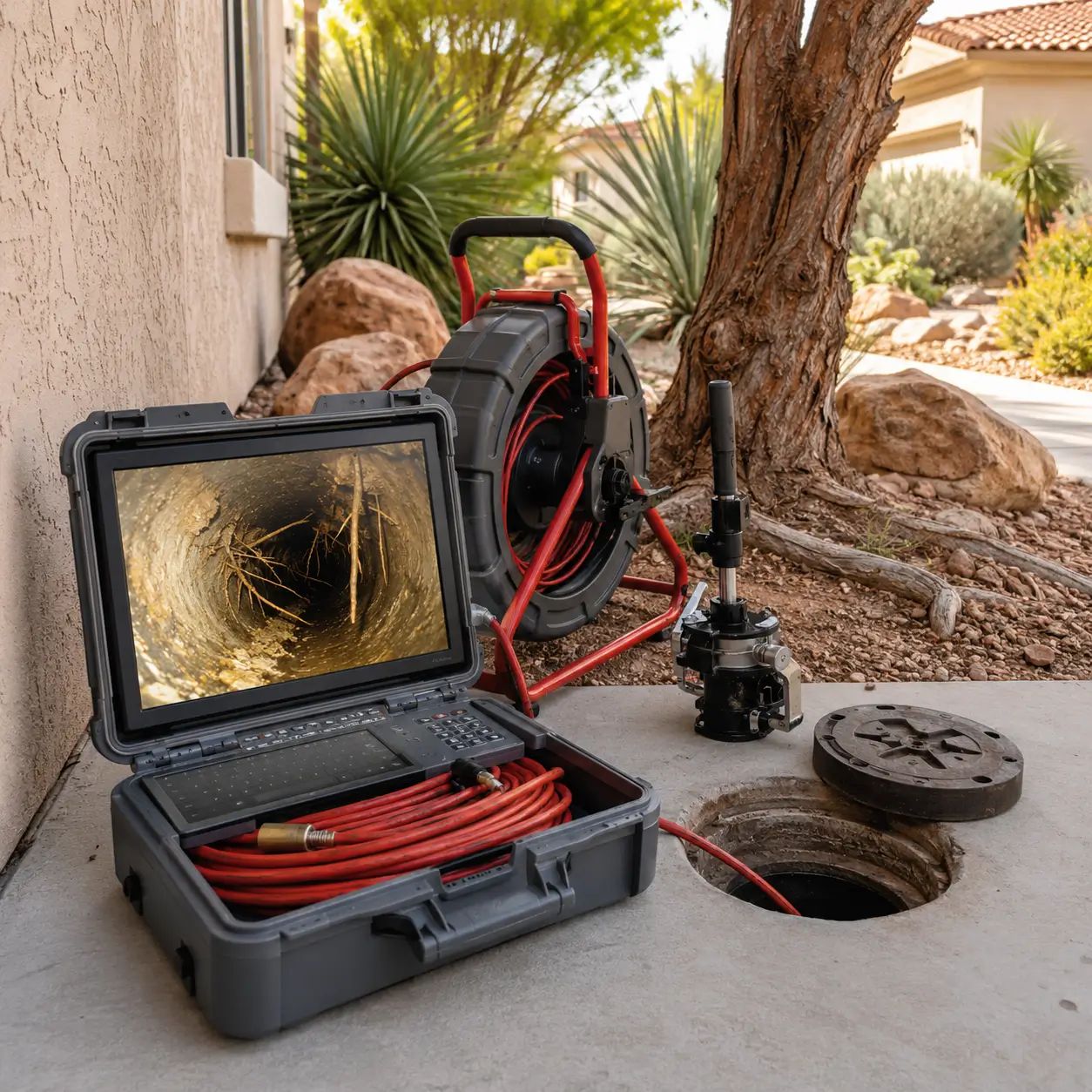 Camera monitor showing tree roots inside a sewer line