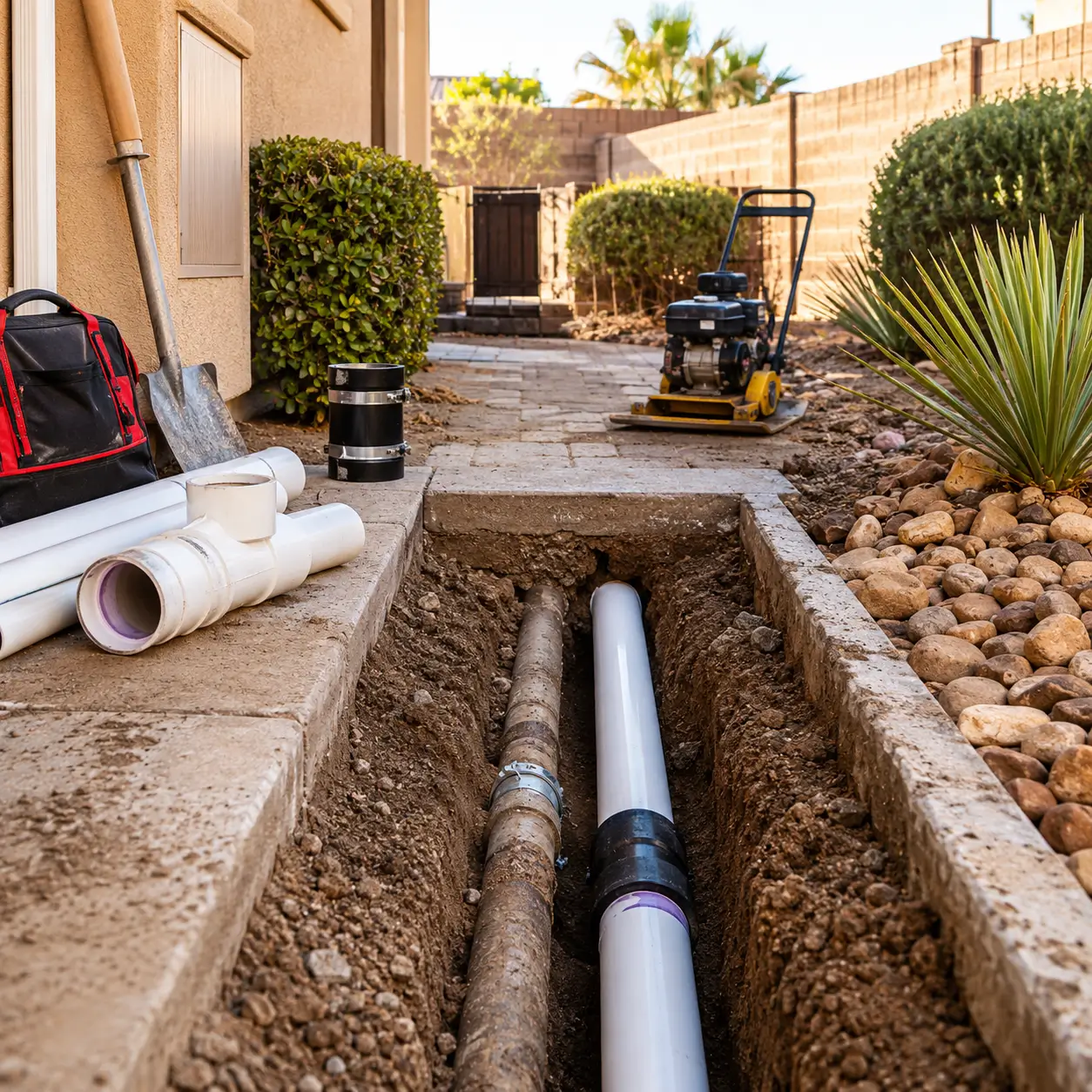 Old sewer pipe beside its PVC replacement in a trench
