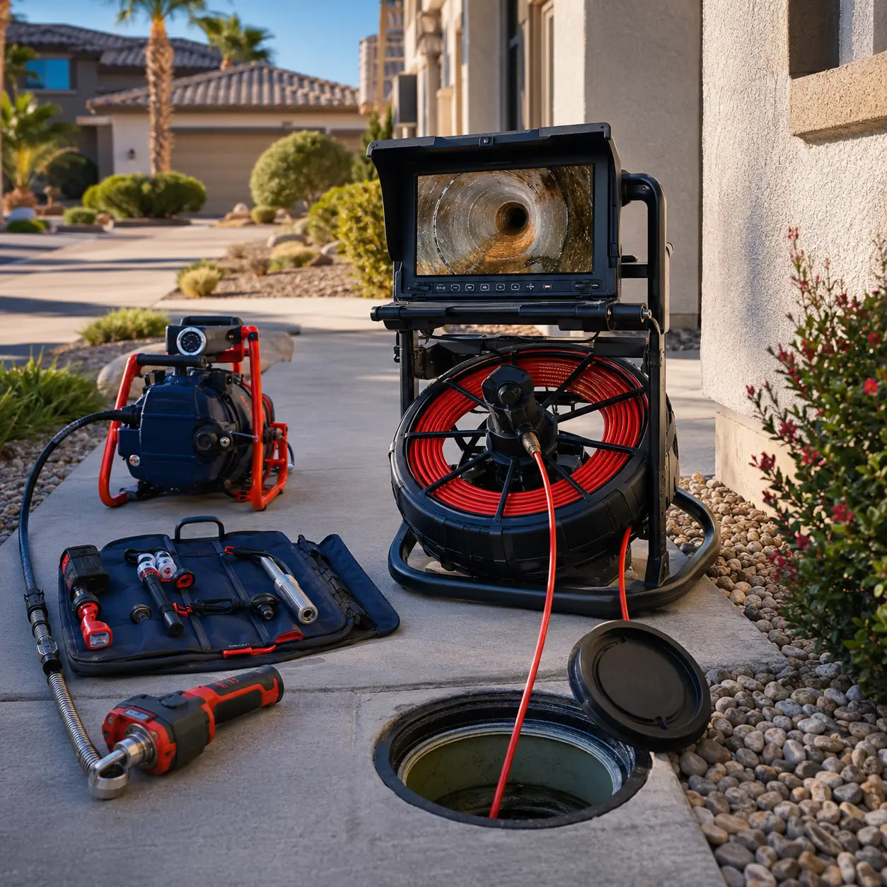 Sewer camera cable descending into an open cleanout
