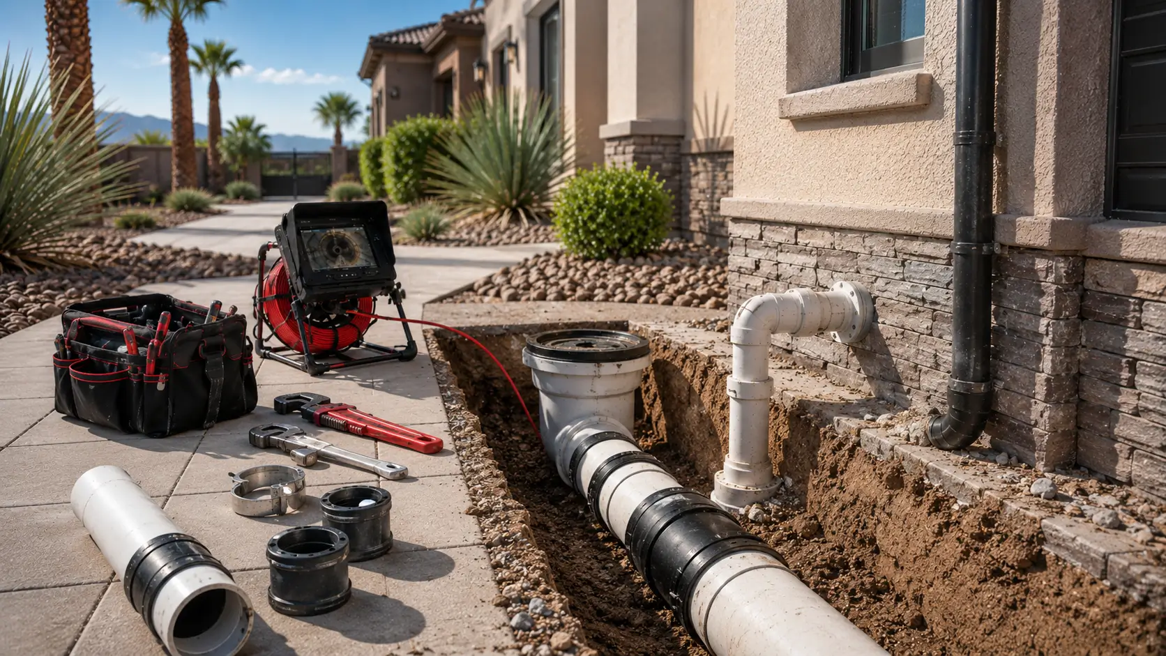 New PVC sewer pipe joined with couplings in a trench