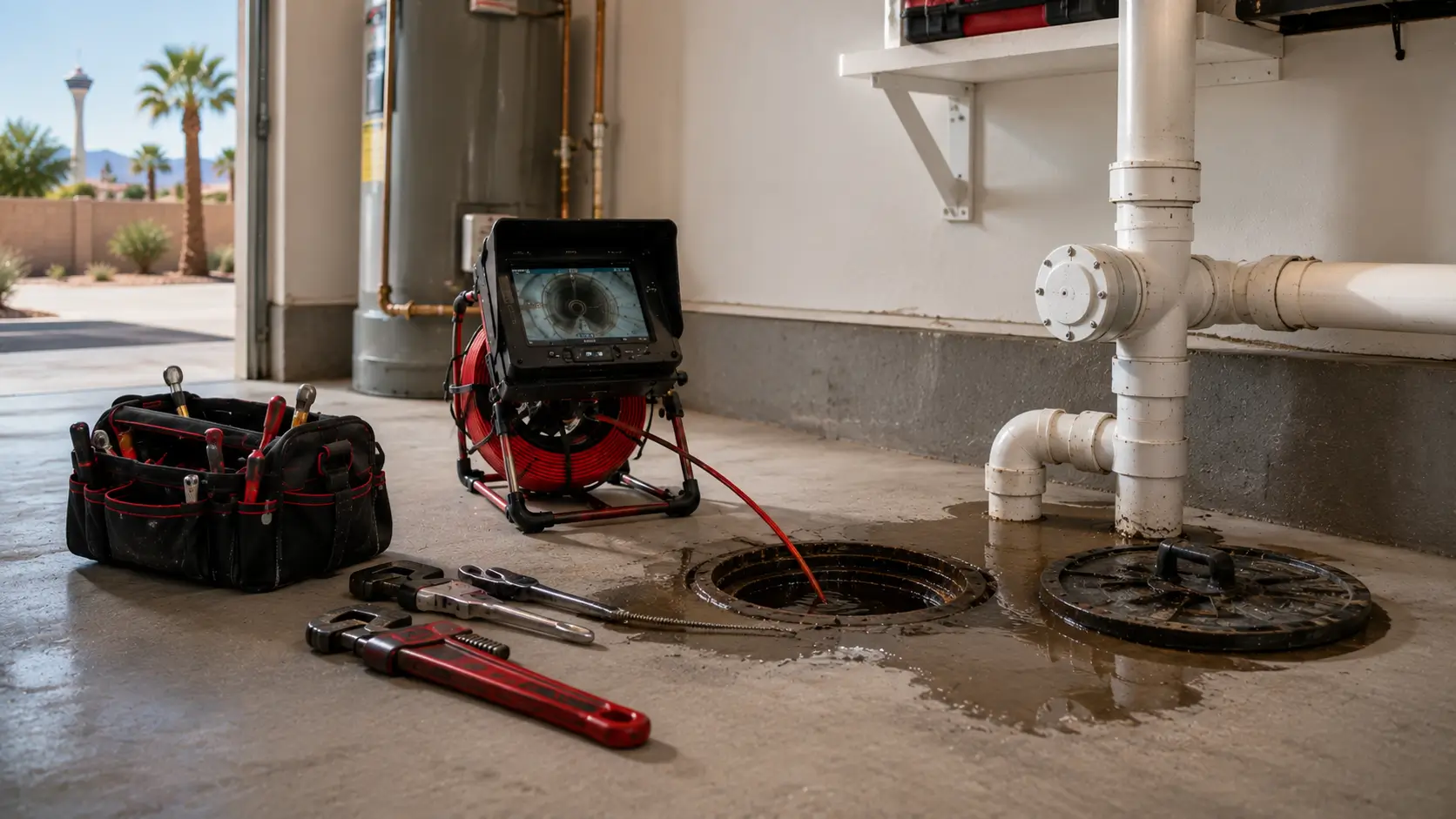 Camera inspection at a garage floor cleanout with standing water