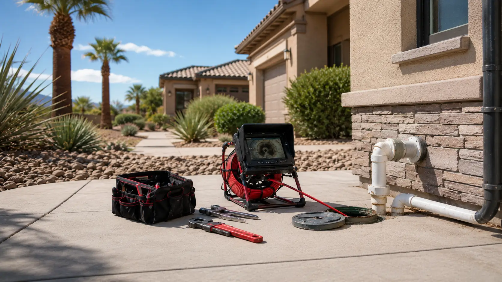 Sewer camera reel and monitor at an open driveway cleanout