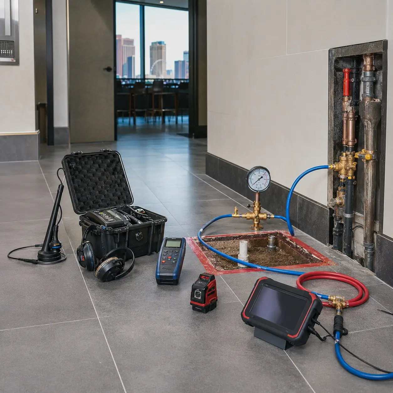 Open floor pit and pipe chase in a high-rise corridor