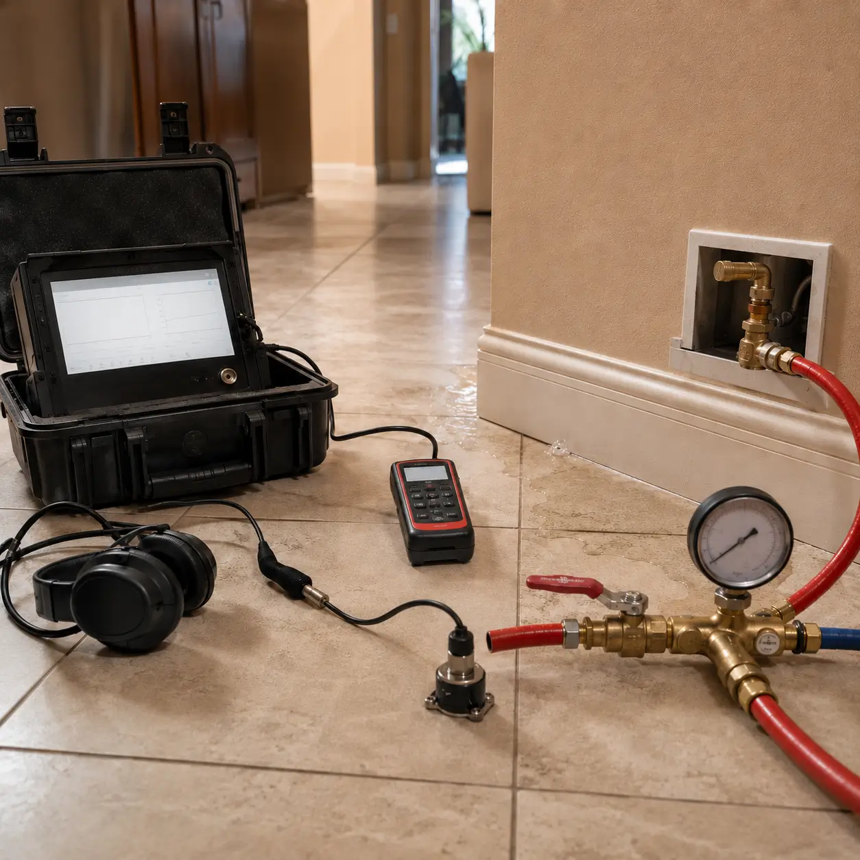 Wet tile floor with an open equipment case and headphones