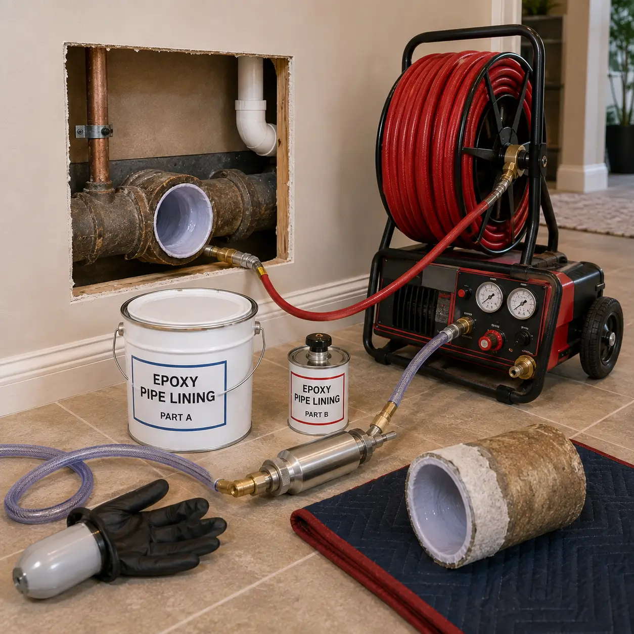 Epoxy liner buckets and a cutaway pipe with white lining