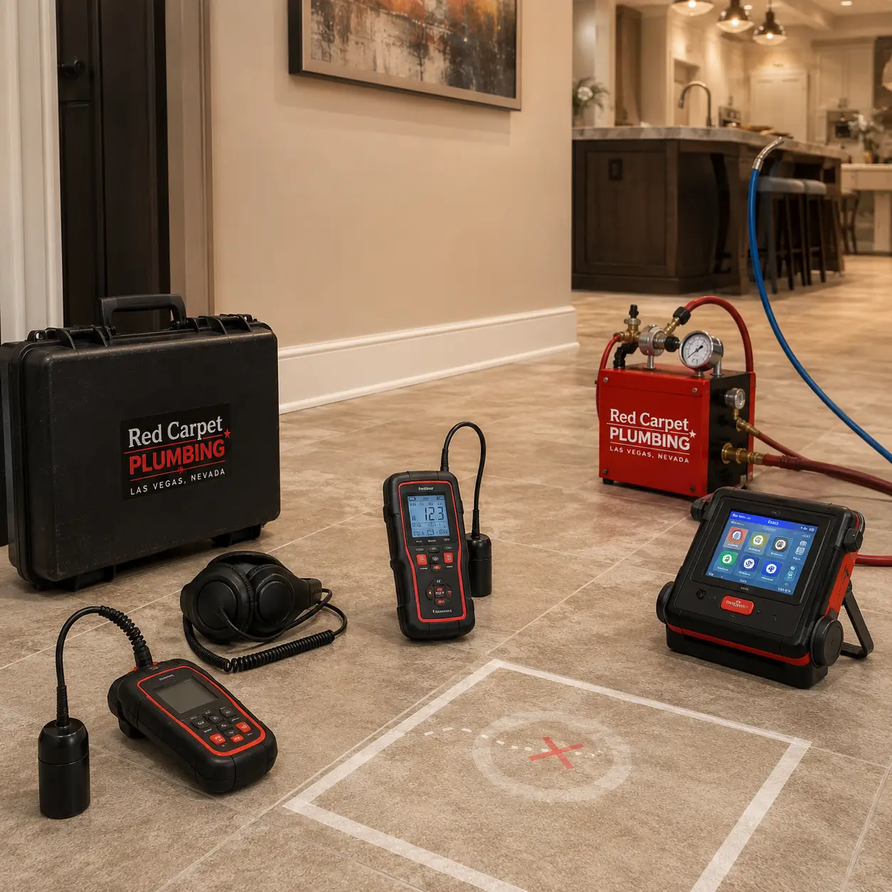 Floor tile marked with an X beside leak listening probes
