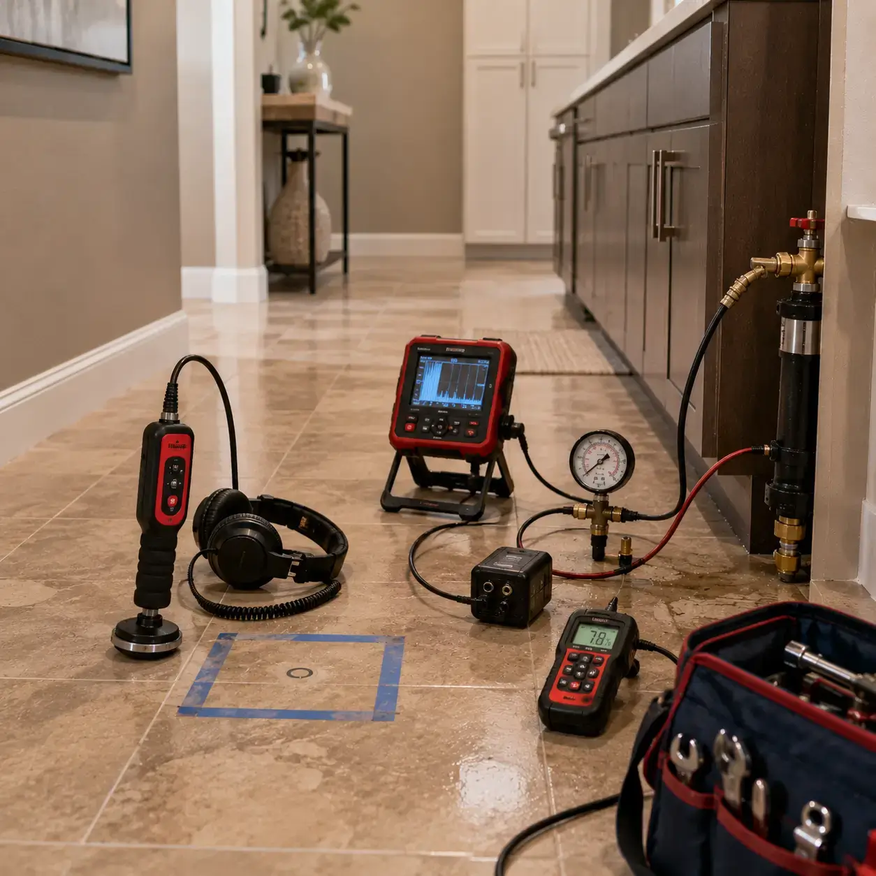 Leak analyzer and headphones beside taped tile in a hallway