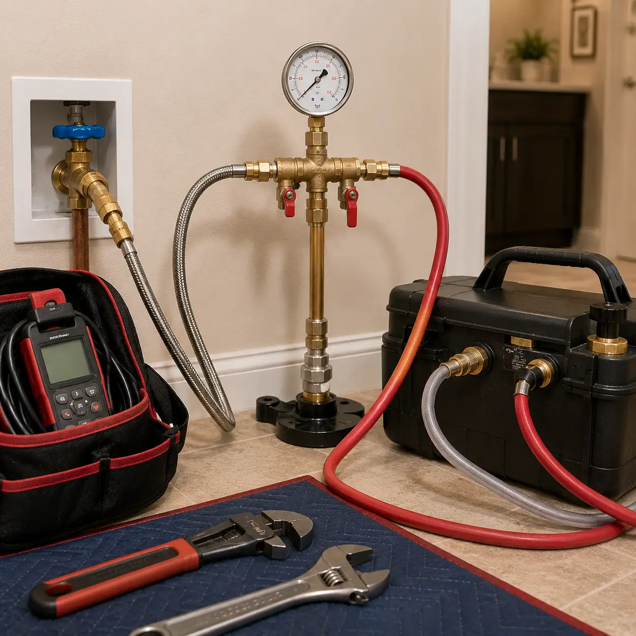 Gauge manifold on a stand hosed to a wall shutoff valve