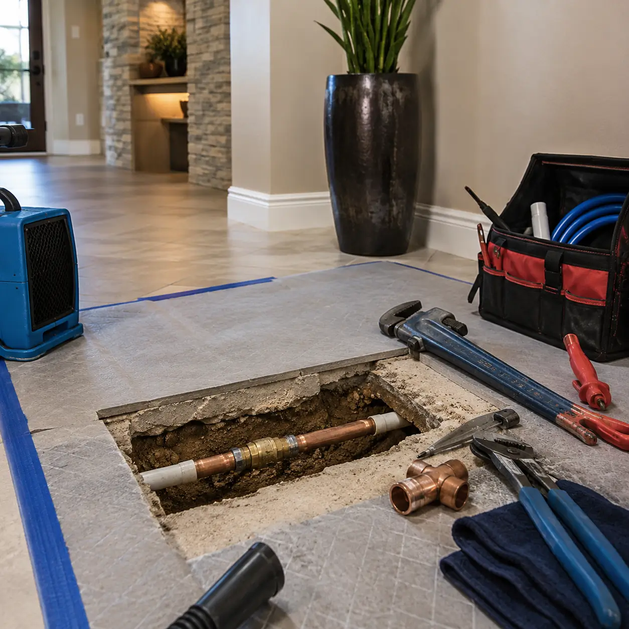 Tile lifted over a dirt trench with an air mover running