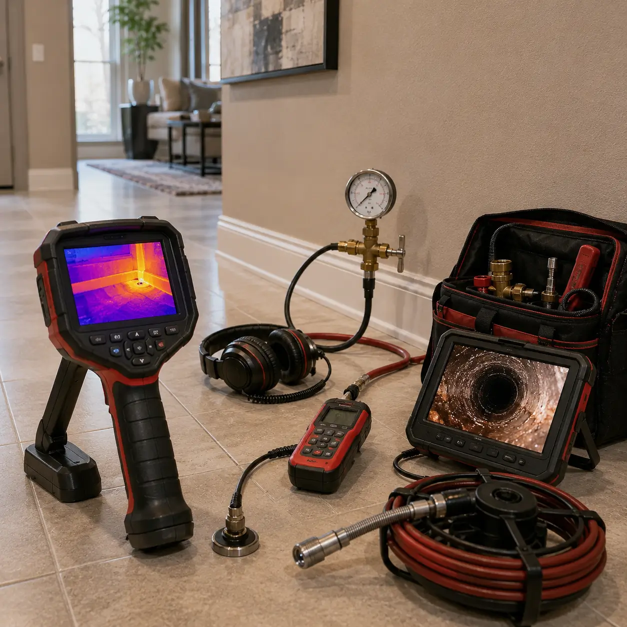 Thermal camera screen showing a warm pipe run under tile
