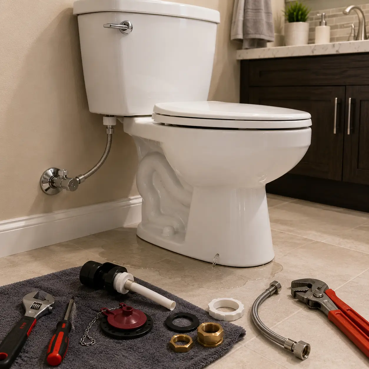 Water pooled at a toilet base with a drip at the bowl