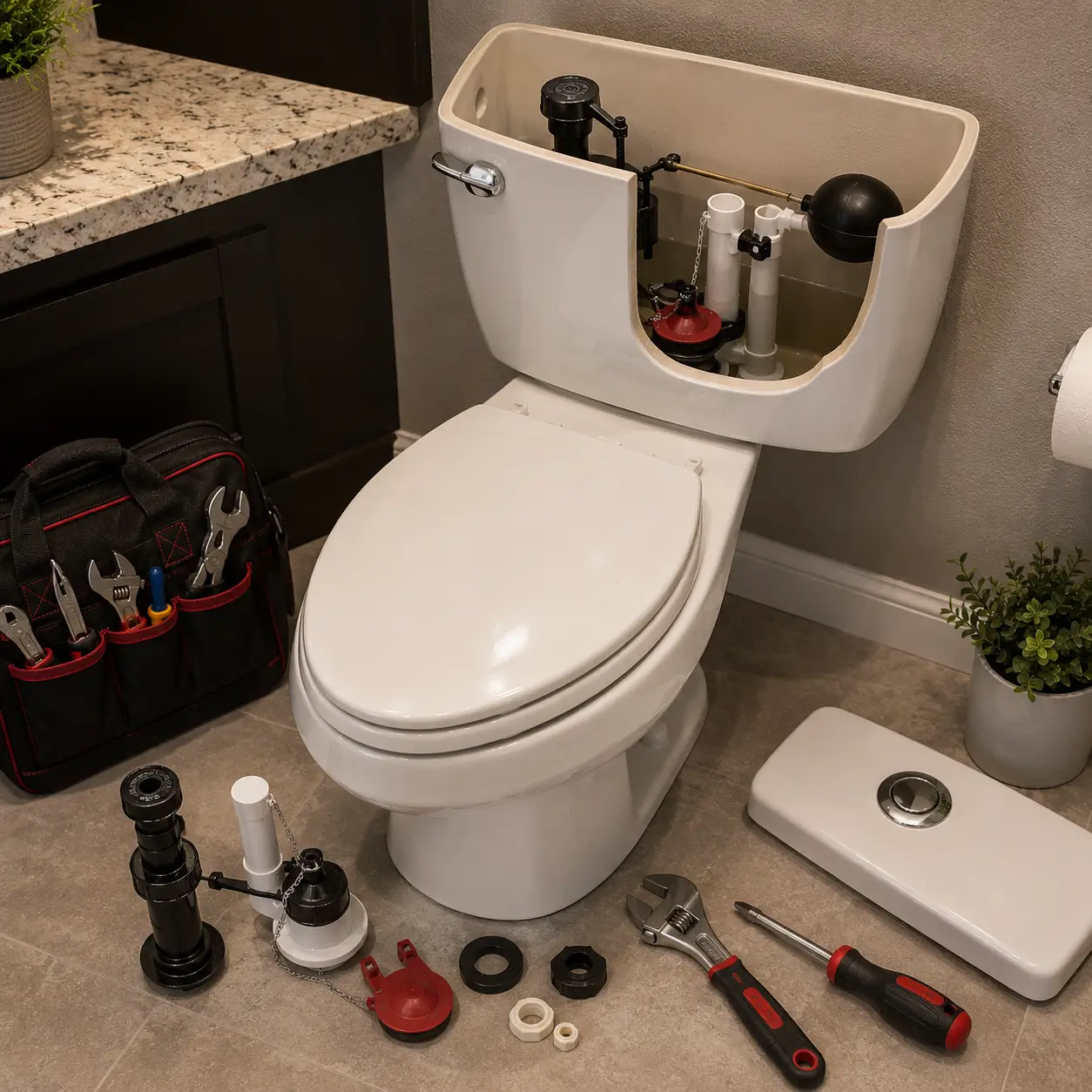 Float arm and flapper chain inside an open toilet tank