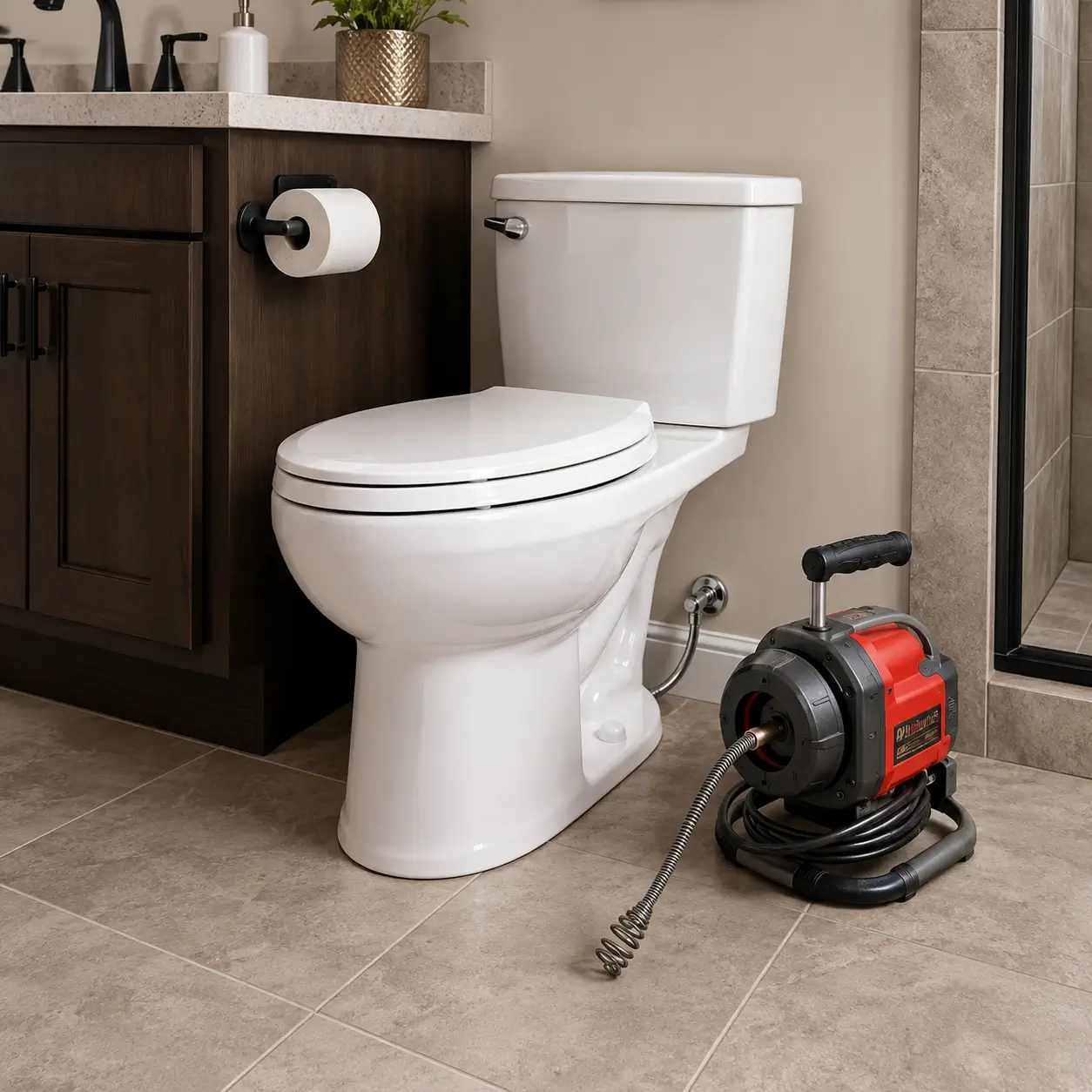 Drain machine with its cable staged beside a toilet
