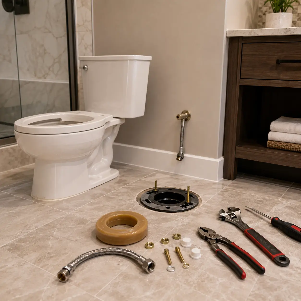 Toilet set aside exposing an open floor flange and bolts