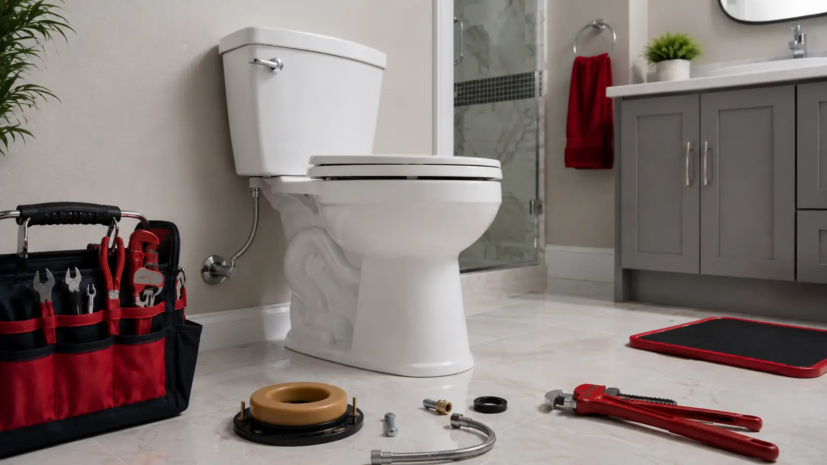 New toilet set with wax ring and bolts still out