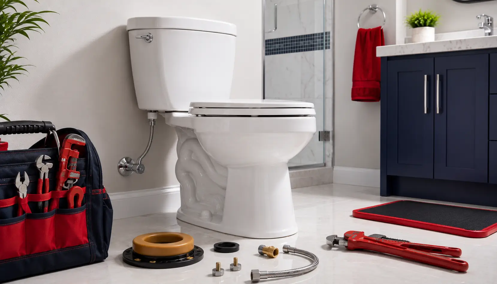 Toilet with wax ring, tank bolts and a supply line staged nearby