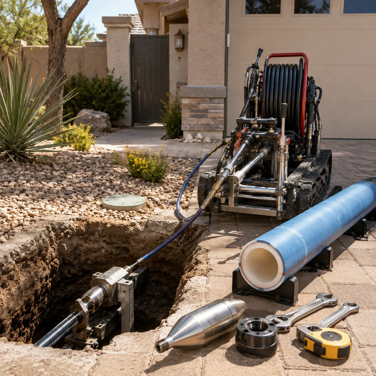 Bursting head and rods at a pit with new pipe on stands