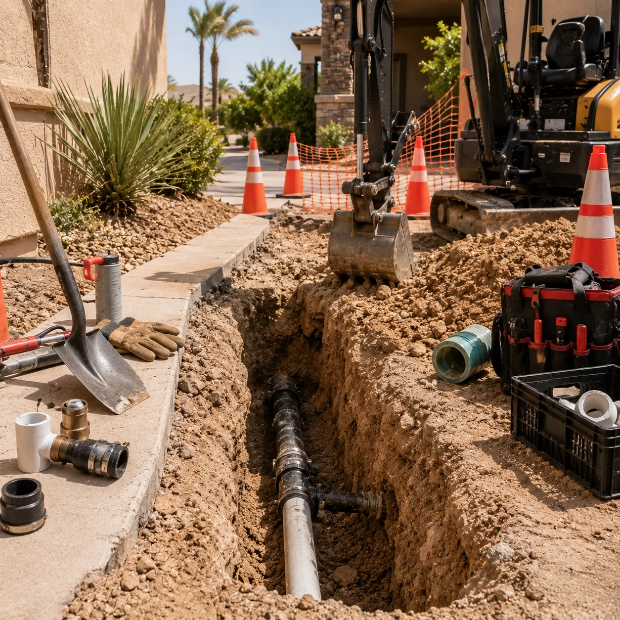 Mini excavator and cones at an open pipe trench