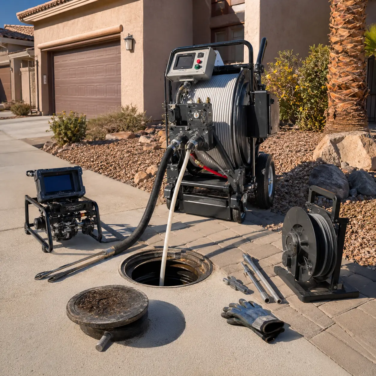 White hose reel feeding an open cleanout in a driveway