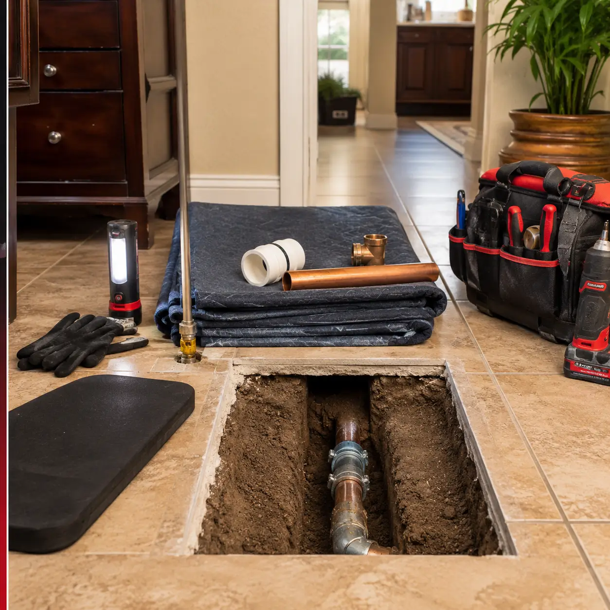 Long floor trench cut to a copper line with a work light