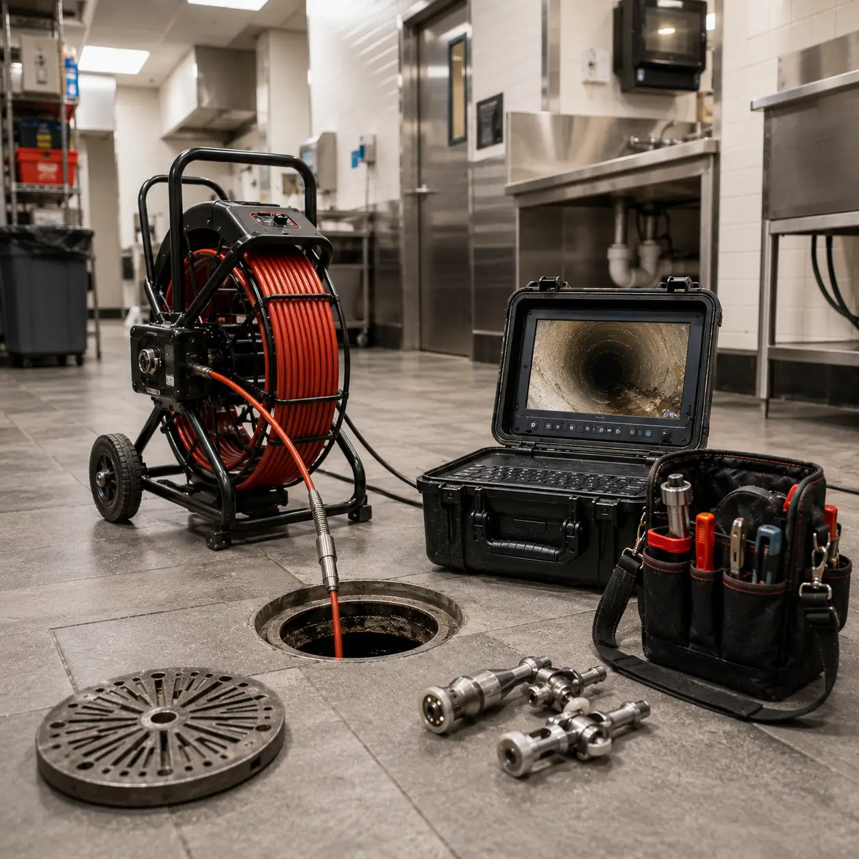 Camera reel at a floor cleanout in a commercial kitchen
