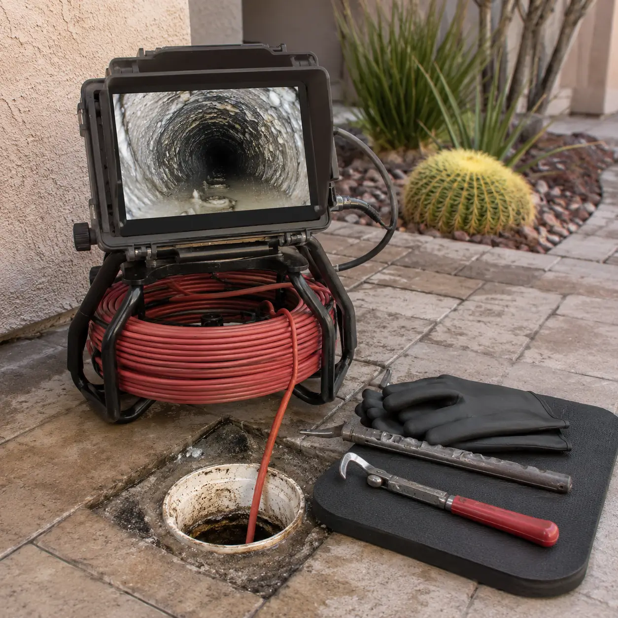 Red camera cable fed into a small patio cleanout