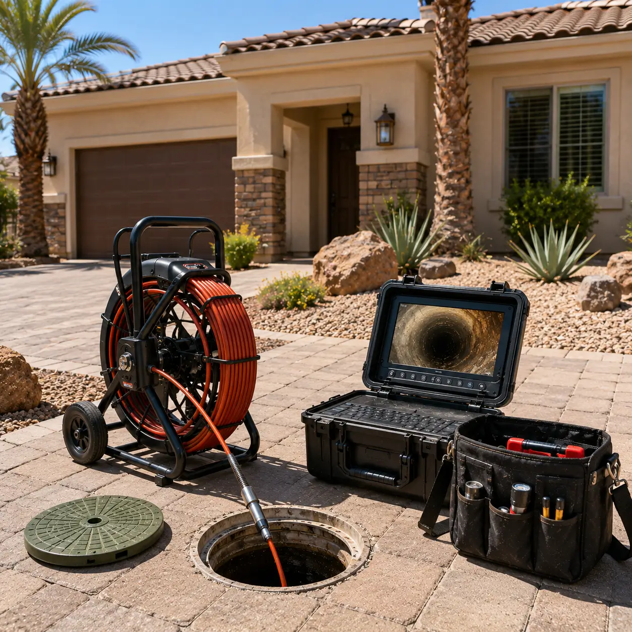 Camera reel and monitor at a cleanout by a home's entry