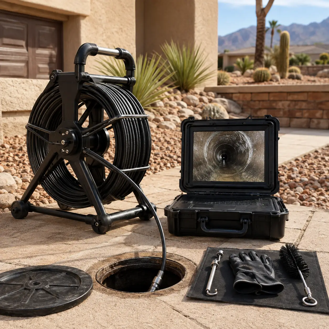 Monitor showing a clean pipe interior beside a black cable reel