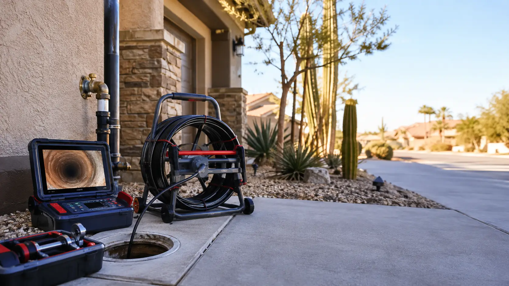 Sunlit driveway cleanout open beside an inspection monitor